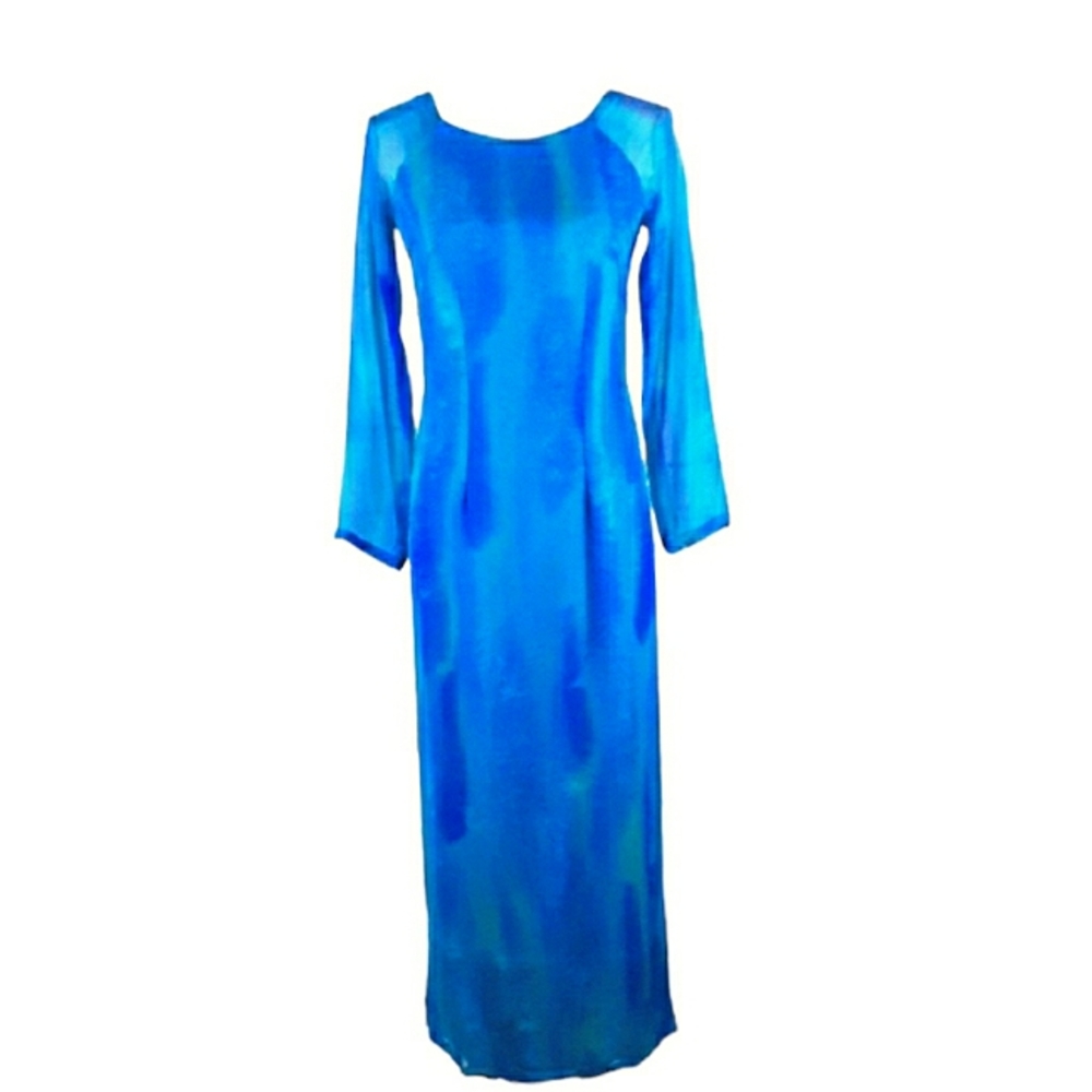 VTG 60s Silk Chiffon Watercolor Wash Ao Dai Long Dress S Electric Blue